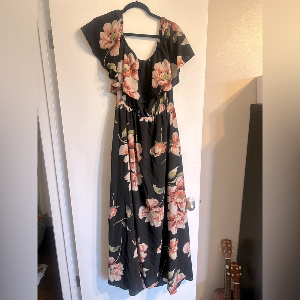 Floral Black and Pink Off the Shoulder Maxi Dress flowy sleeves